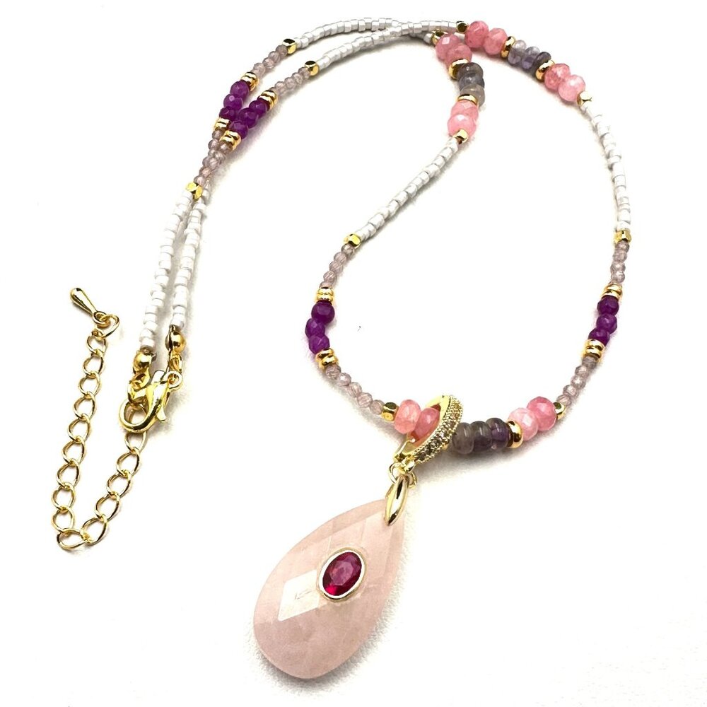 Pink Multi Gemstone Enhancer Pendant Necklace 18K Gold Plated 16 to 18 Inch